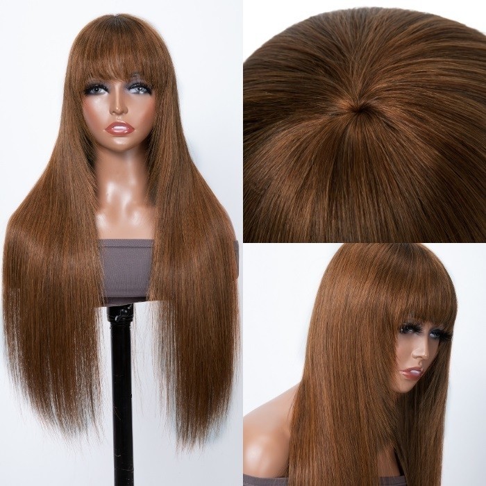 20 inch 90's Layered Chocolate Brown Straight Wig With Bangs Glueless Human Hair Wig 150% Density