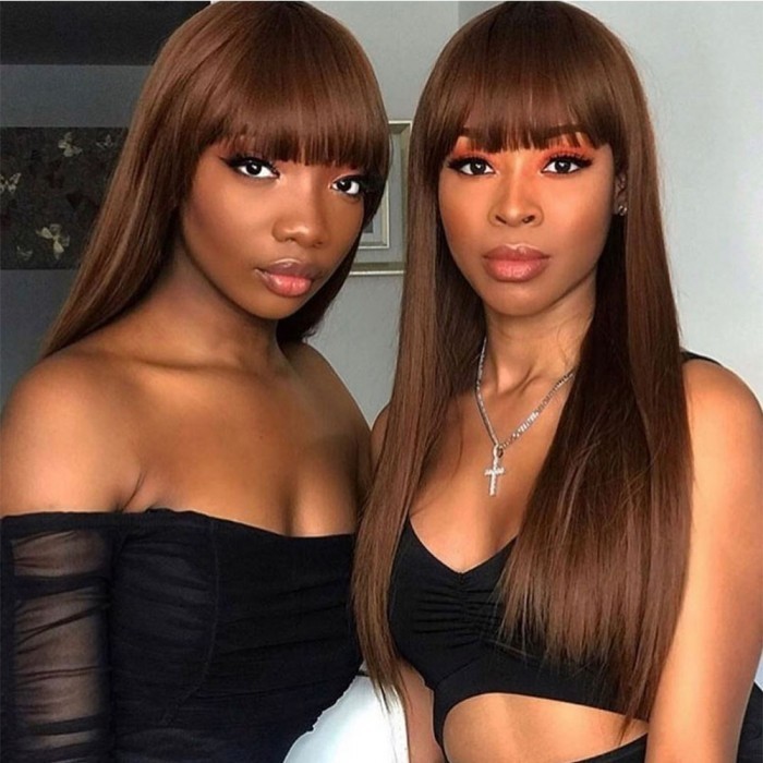 Flash Sale 90's Layered Chocolate Brown Straight Wig With Bangs Glueless Human Hair Wig 150% Density