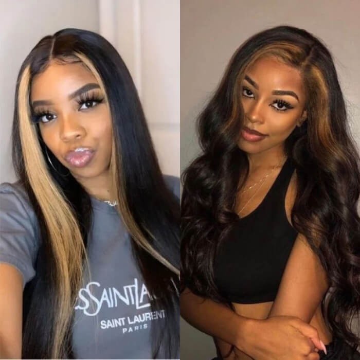 Kriyya 13x4 Straight Lace Front Wigs With Streaks Honey Blonde Highlight Wig Human Hair 180% Density