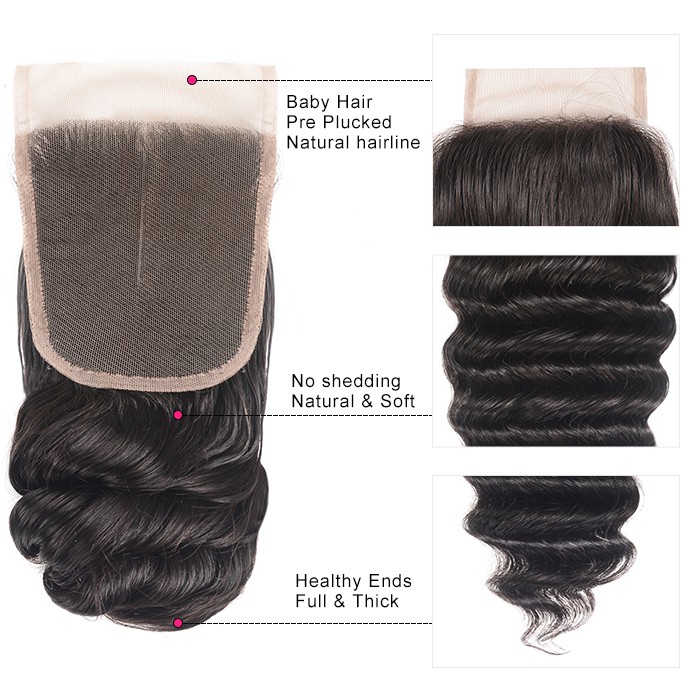 Kriyya Brazilian Loose Wave Hair 4 Bundles With 4x4 Free Part Closure