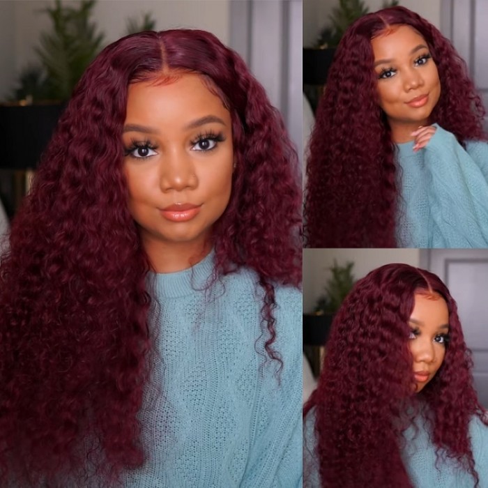 Lowest Price Get 99J Burgundy Curly Lace Part Wig