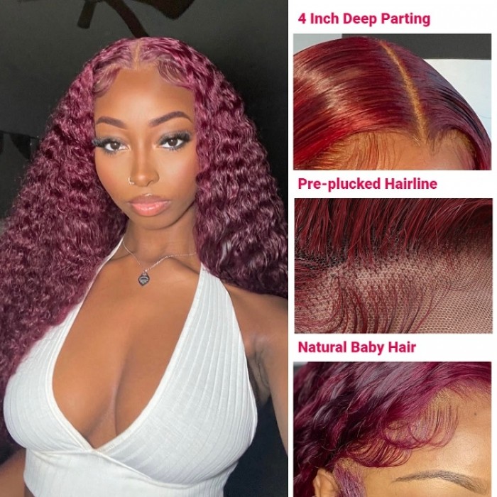 Lowest Price Get 99J Burgundy Curly Lace Part Wig