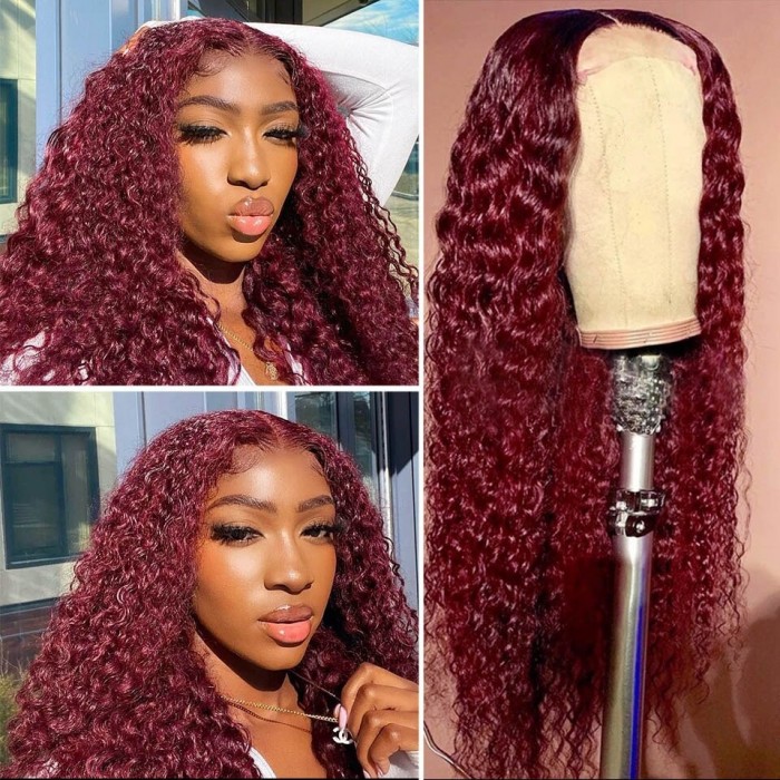 Flash Sale Hand-tied Lace Wigs Burgundy Human Hair Curly Lace Part Wig 150% Density