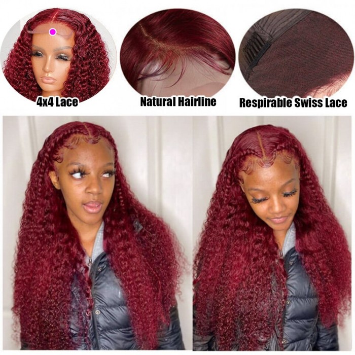 Flash Sale Hand-tied Lace Wigs Burgundy Human Hair Curly Lace Part Wig 150% Density