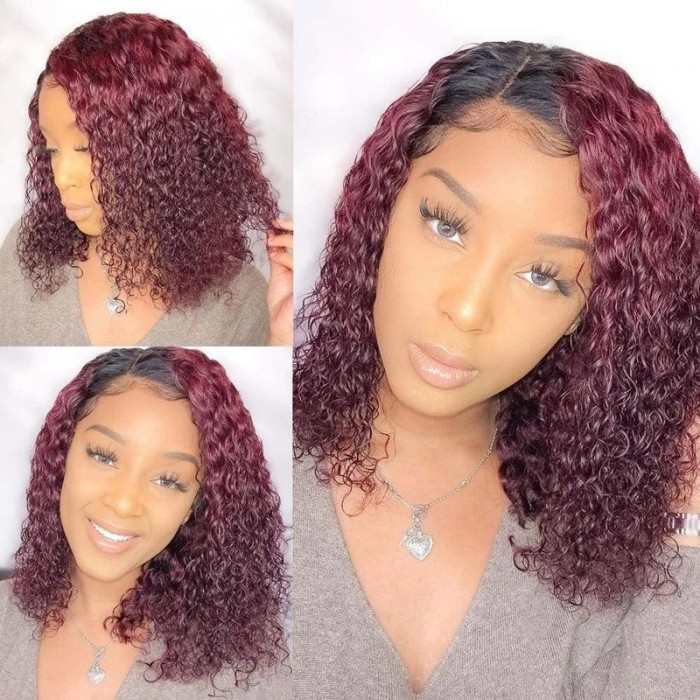 Kriyya 99J Ombre Jerry Curly Lace Bob Wig Burgundy 13x4 Lace Front  Human Hair Wigs 150% Density