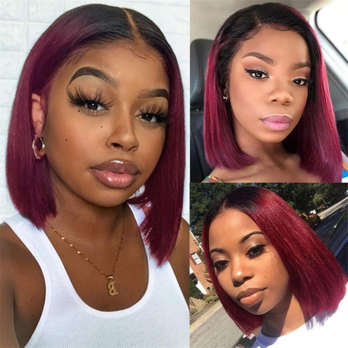 Kriyya Ombre 99J 13x4 Bob Wig Burgundy Lace Front Wig Straight Human Hair Wigs 150% Density