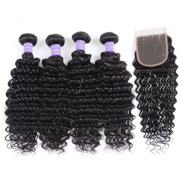 Kriyya Indian Deep Wave Closure With 4 Bundle Deals Virgin Human Hair