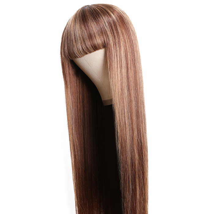 Kriyya Straight Streaks Wig With Bangs Honey Blonde Highlight Human Hair Capless Wig