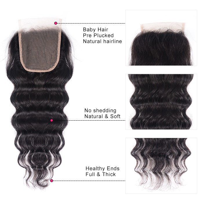 Kriyya Brazilian Hair Natural Wave Weave 4 Bundles With 4x4 Lace Front Closure