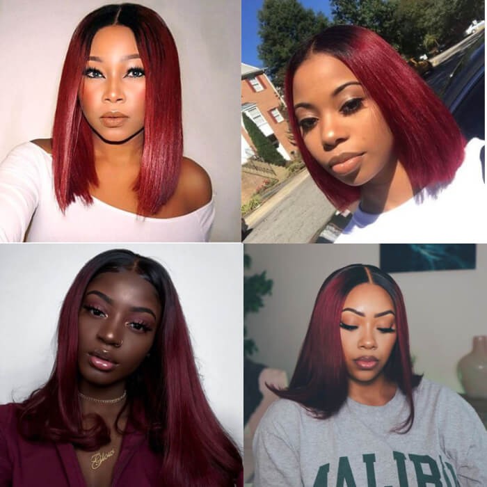 Kriyya Ombre 99J 13x4 Bob Wig Burgundy Lace Front Wig Straight Human Hair Wigs 150% Density