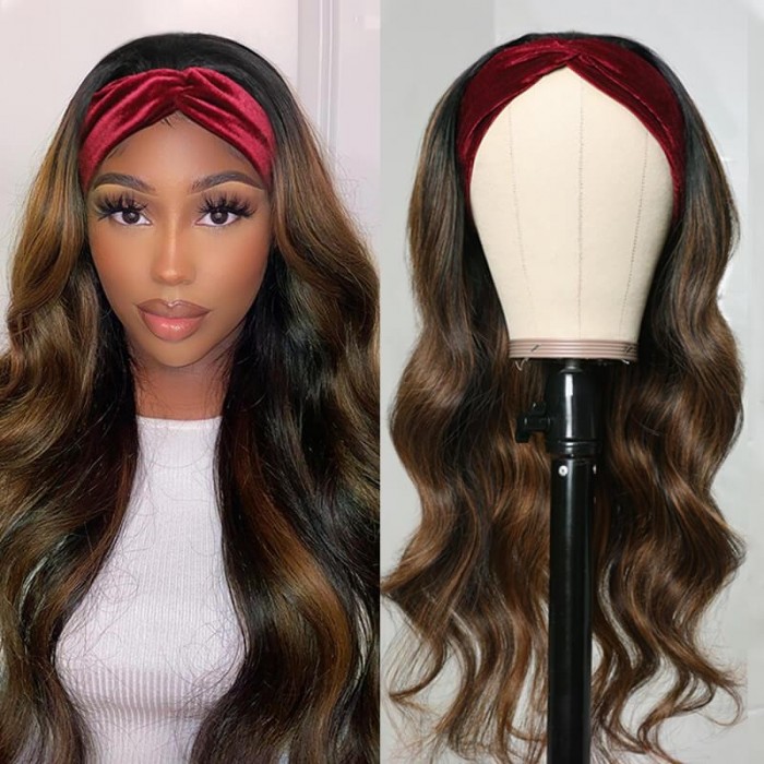 Kriyya Balayage Highlight Body Wave Headband Wigs #FB30 Root Bronde Highlight Human Hair Wigs