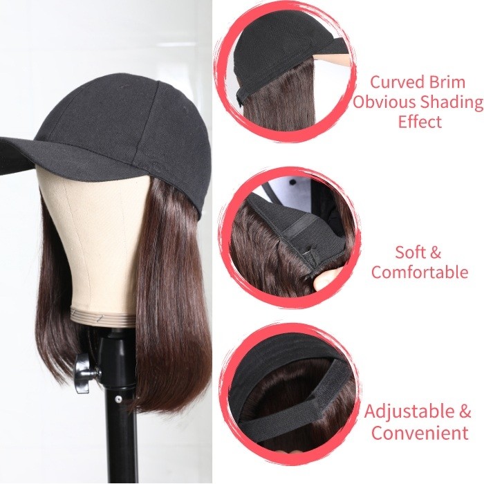 Kriyya Baseball Cap Wig With Hair Extensions Straight Wigs Light Brown 150% Density