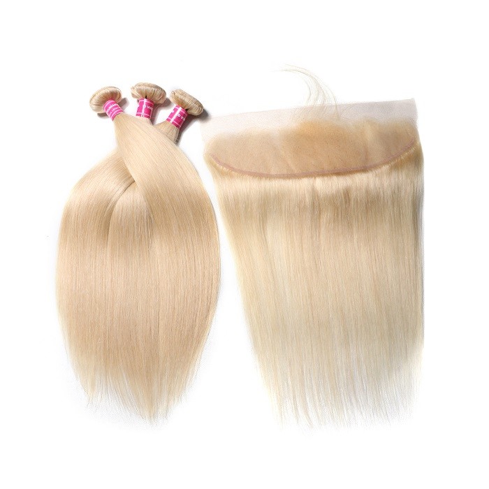 Kriyya Indian 3 Pcs 613 Blonde Straight Virgin Human Hair With 13*4 Lace Frontal