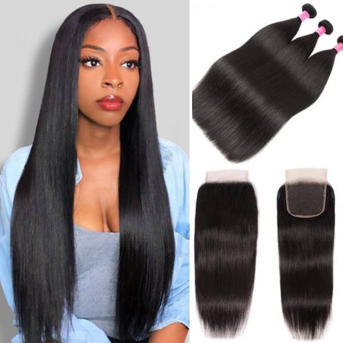 Kriyya Best Straight Malaysian Hair 3 Bundles And Free part Lace Closure 4X4 Inch