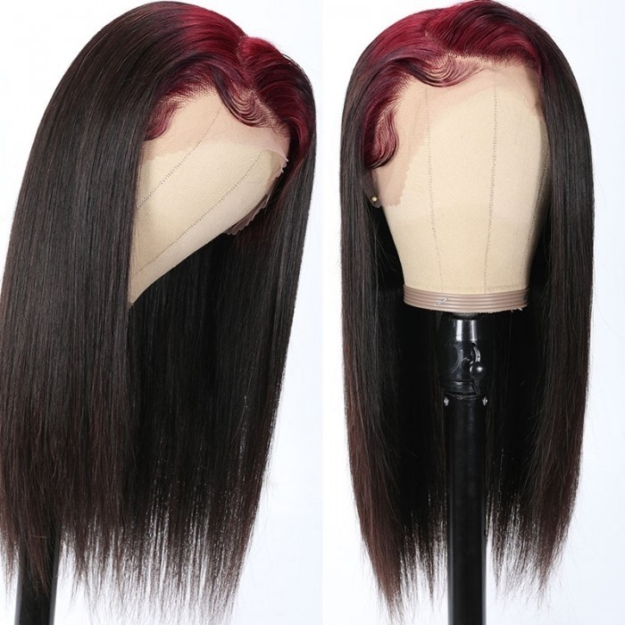 Kriyya Billie Eilish Style Deep Part 99J Burgundy Roots On Black Hair Skunk Straight 13x4 Lace Front Human Hair Wig
