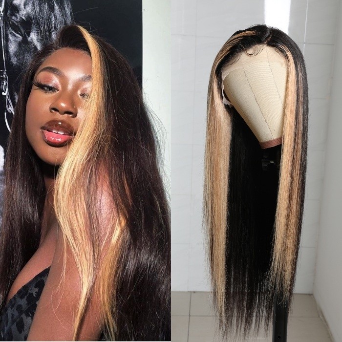 Kriyya Highlight 27# Lace Part Wig Straight Three Part Human Hair Lace Wig with Blonde Streak 150% Density