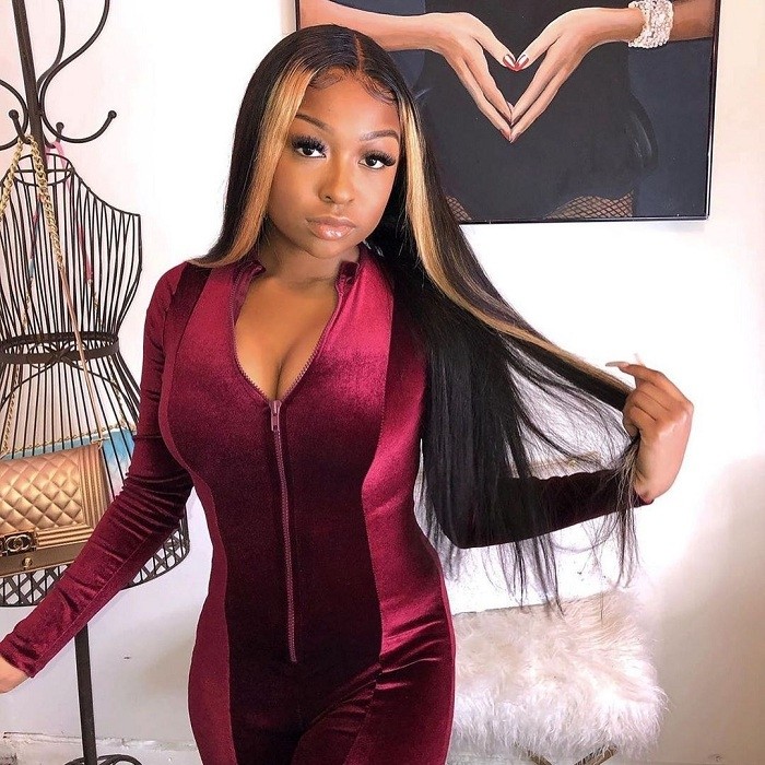 Kriyya Highlight 27# Lace Part Wig Straight Three Part Human Hair Lace Wig with Blonde Streak 150% Density