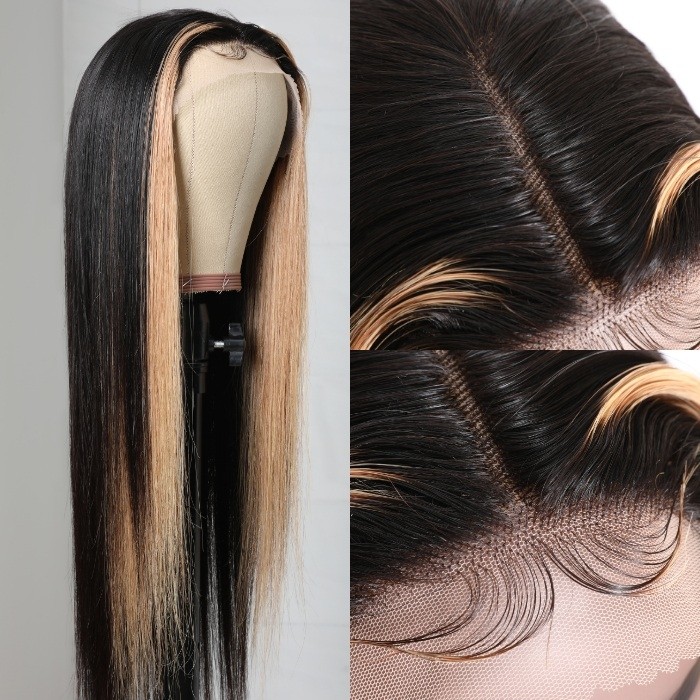 Kriyya Highlight 27# Lace Part Wig Straight Three Part Human Hair Lace Wig with Blonde Streak 150% Density