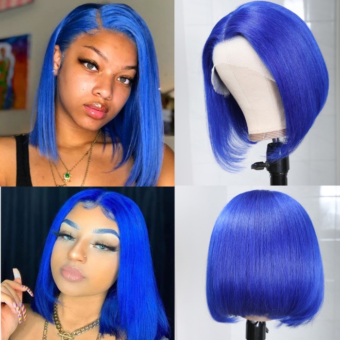 Kriyya Hair Short Blue Bob Wig Pre Plucked Human Hair 13x4 Lace Front Wig 150% Density 10-14 Inch 