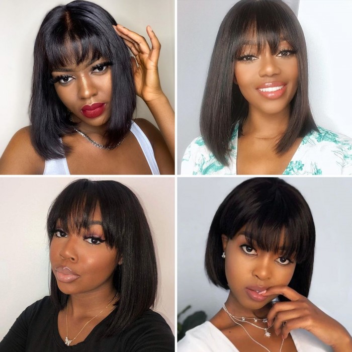 Kriyya Glueless Human Hair Blunt Cut Bob Wig With Bangs Natural Black 150% Density