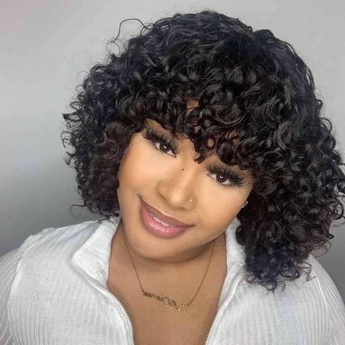 Kriyya Bob Style Human Hair Curly Wig With Bangs Thick Elastic Curled 12 In Black  Hair 
