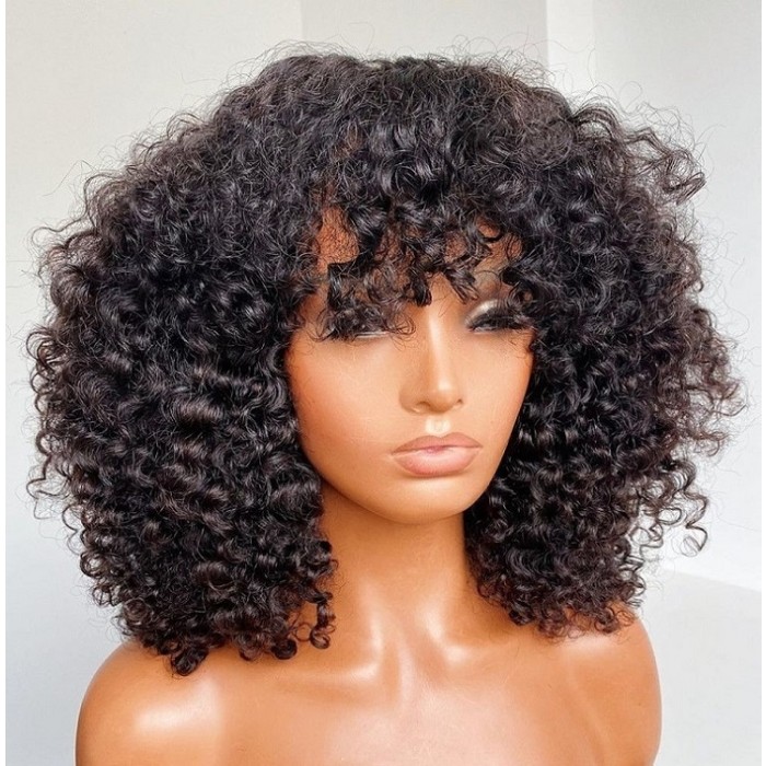 Kriyya Bob Style Human Hair Curly Wig With Bangs Thick Elastic Curled 12 In Black  Hair 