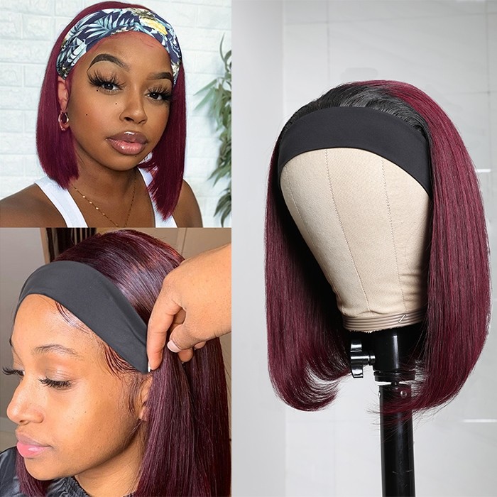 Kriyya Brazilian Virgin hair Bob Wigs Headband Wig With Black Roots 150% Density Ombre 1B/99J Wine Red Color