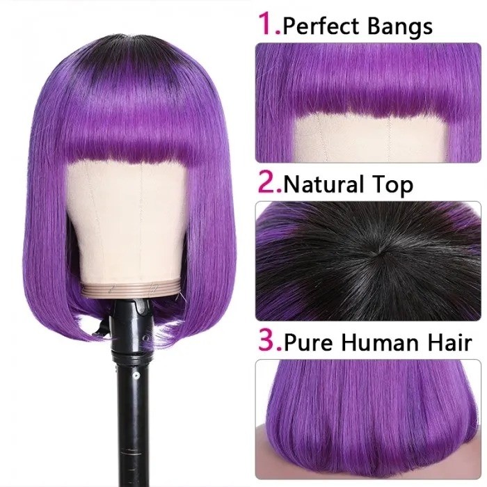 Kriyya Bob Wigs With Bangs Capless Wig Purple Ombre Glueless Human Hair Wig