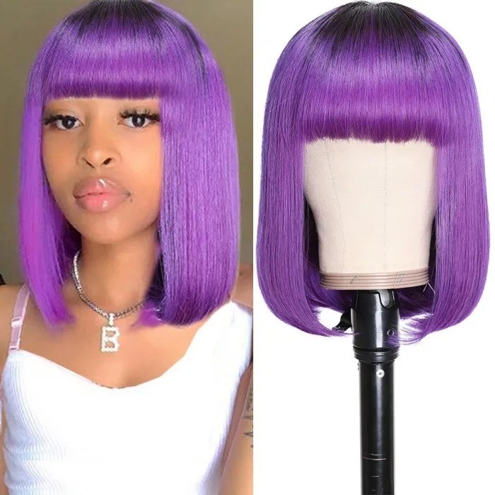 Kriyya Bob Wigs With Bangs Capless Wig Purple Ombre Glueless Human Hair Wig