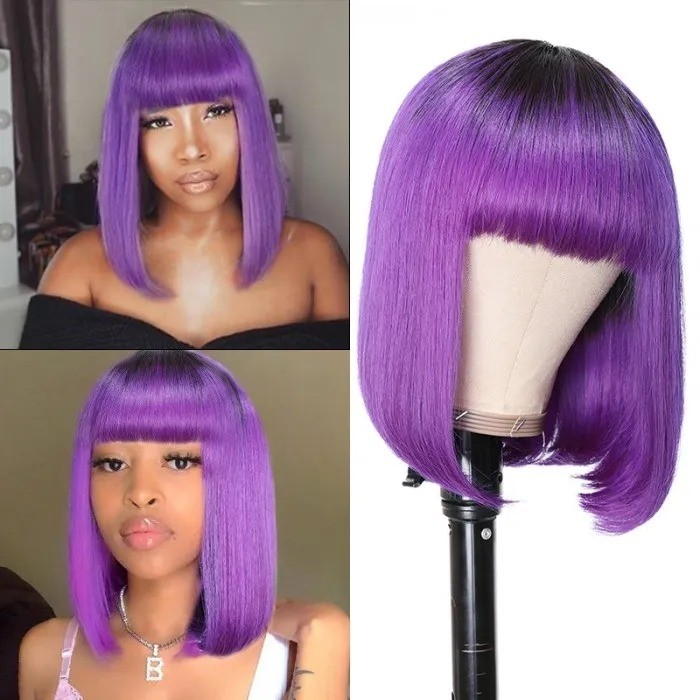Kriyya Bob Wigs With Bangs Capless Wig Purple Ombre Glueless Human Hair Wig