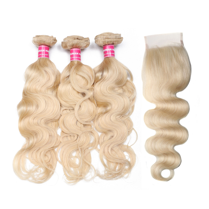 Kriyya 613 Blonde Body Wave 3 Bundles Natural Hair Weave With 4*4 Lace Closure Brazilian Human Hair