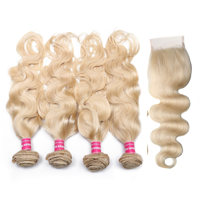 Kriyya Brazilian Body Wave 613 Blonde Hair 4 Bundle Deals With 4x4 Lace Closure