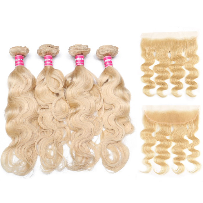 Kriyya 613 Blonde 4 Bundles With 13x4 Lace Frontal Malaysian Body Wave Sew In 