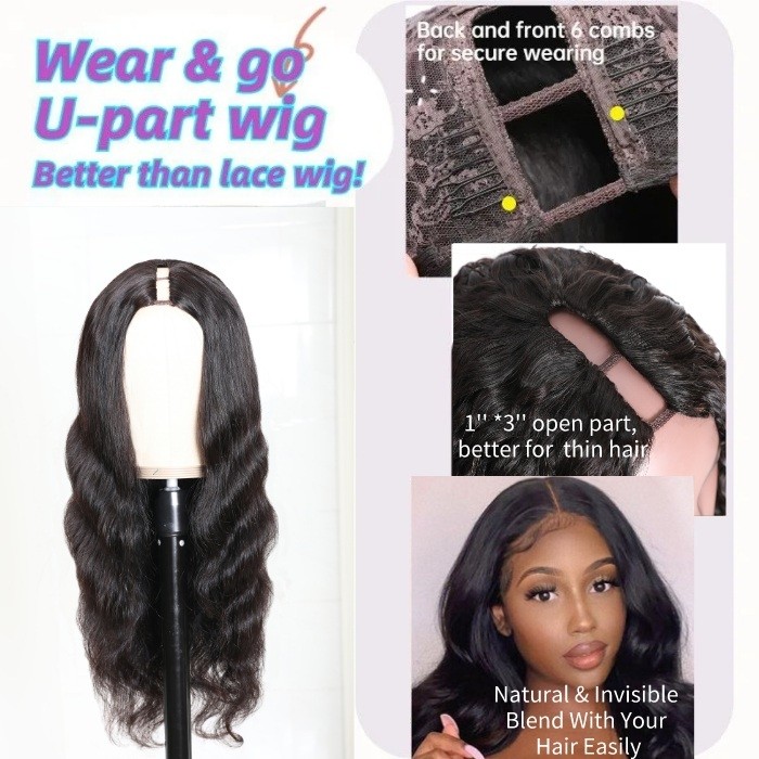 Kriyya Body Wave Middle Part  1x3 U Part Wig 150% Density Glueless Wigs Natural Color
