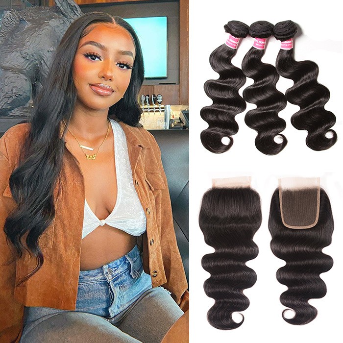 Kriyya Brazilian 3 Bundles With 4X4 Closure Body Wave Human Hair