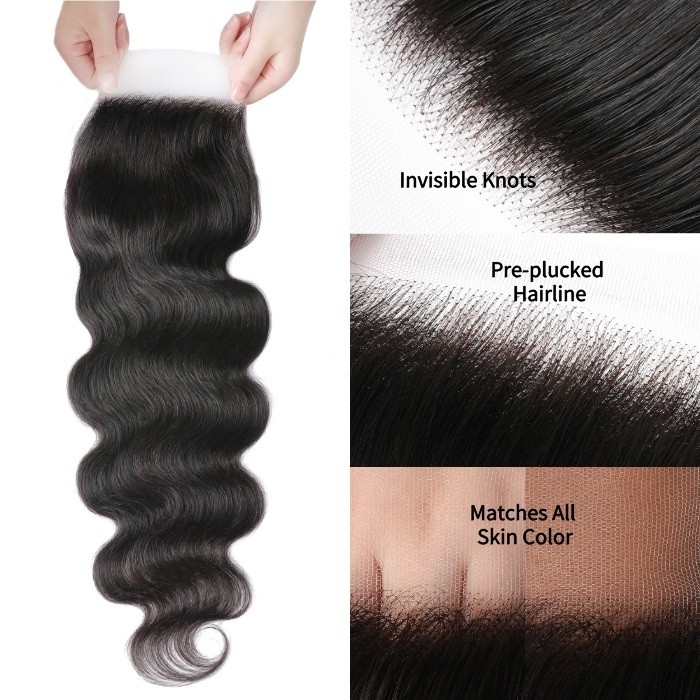 Kriyya 3 Bundles Body Wave With 5x5 HD Lace Closure Human Hair Weave Natural Color