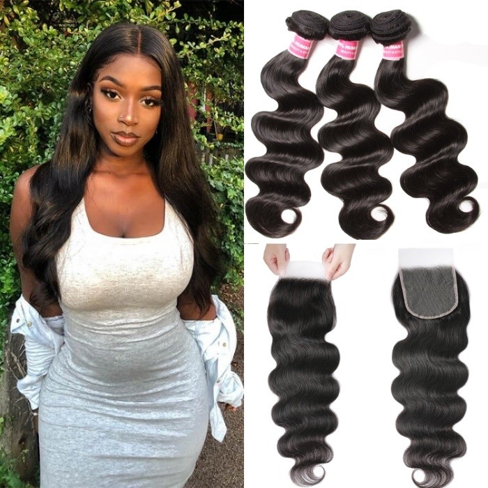 Kriyya 3 Bundles Body Wave With 5x5 HD Lace Closure Human Hair Weave Natural Color