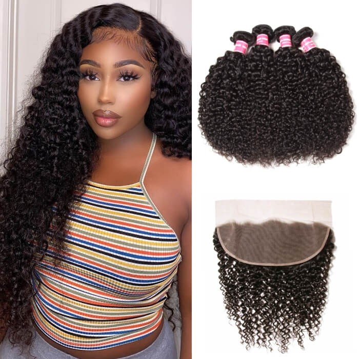 Kriyya Brazilian Curly Sew In 13x4 Lace Frontal With 4 Bundles
