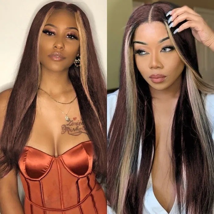 Kriyya Brown Virgin Hair with 27 Blonde Highlight Straight Lace Part Wigs 150% Density
