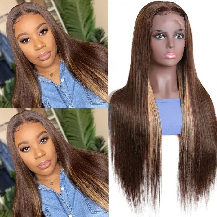 Kriyya Brown Virgin Hair with 27 Blonde Highlight Straight Lace Part Wigs 150% Density