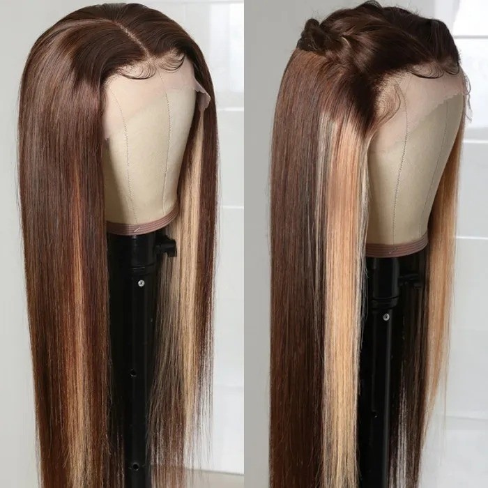 Kriyya Brown Virgin Hair with 27 Blonde Highlight Straight Lace Part Wigs 150% Density