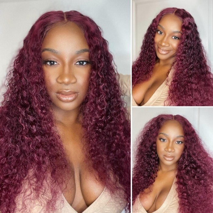 Flash Sale Hand-tied Lace Wigs Burgundy Human Hair Curly Lace Part Wig 150% Density