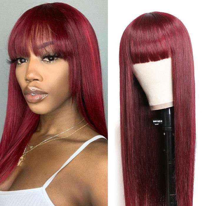 Kriyya Burgundy Red Hair Wigs With Bangs 99J Cinnamon Hair Color Machine Made Capless Virgin Human Hair Wig