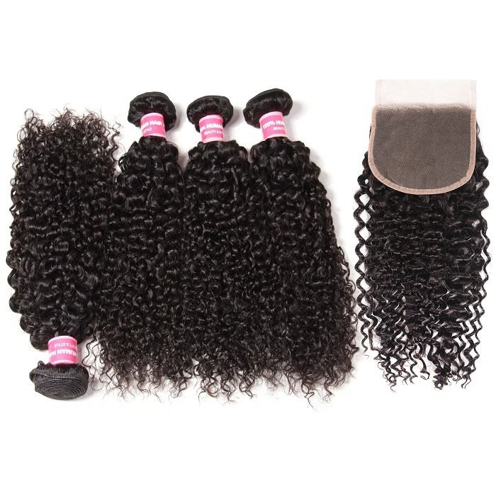 Kriyya Indian Curly Human Hair 4 Bundles With 5x5 Closure Sew In 