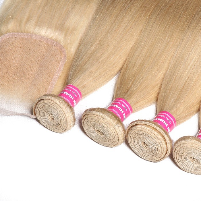 Kriyya Peruvian Hair 4 Bundles 613 Blonde Straight Weave With 4x4 Closure