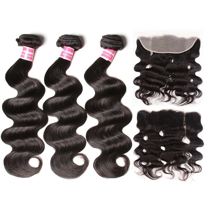 Kriyya 3 Pcs Body Wave With 13*6 Lace Frontal Malaysian 100 Human Hair