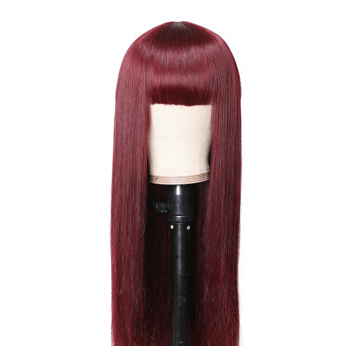 Kriyya Burgundy Red Hair Wigs With Bangs 99J Cinnamon Hair Color Machine Made Capless Virgin Human Hair Wig