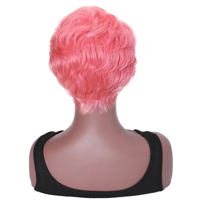  Kriyya Classic Pixie Cut Short Curly Glueless Wigs Pink Human Hair Capless Wig 150% Density For Women