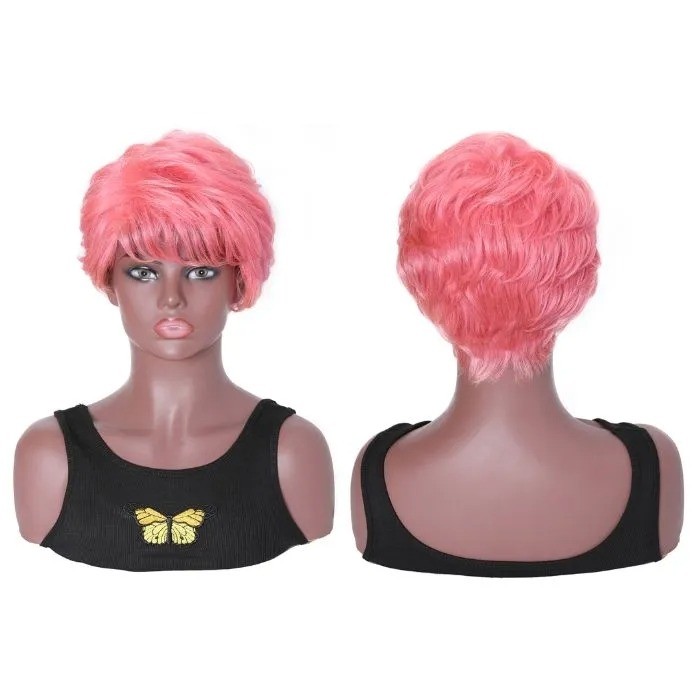  Kriyya Classic Pixie Cut Short Curly Glueless Wigs Pink Human Hair Capless Wig 150% Density For Women