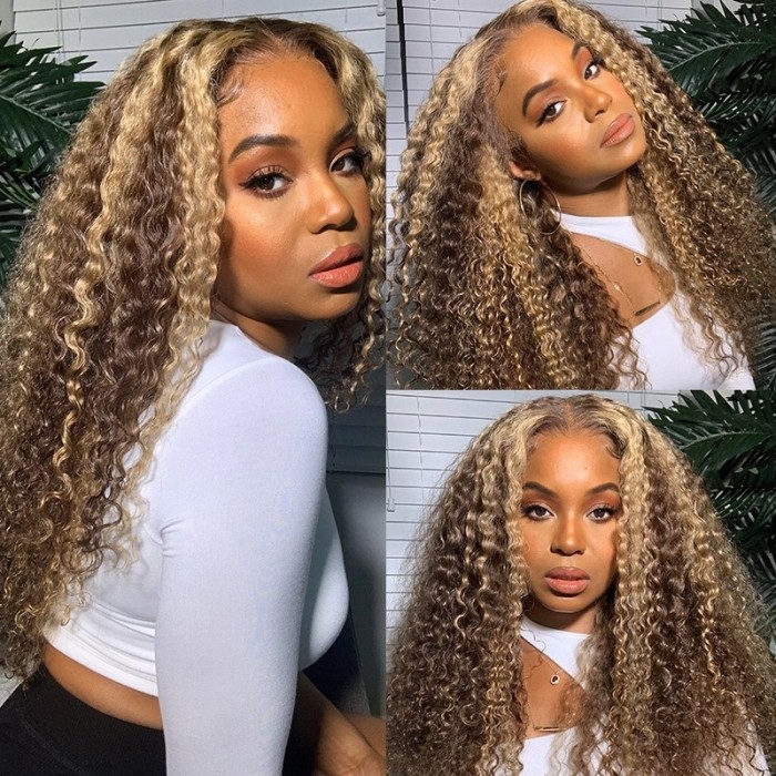 Kriyya Youtuber Recommend Curly Hair Honey Blonde Ombre Highlight Wigs 13x4 Lace Front Wig Human Hair Wigs Pre Plucked With Baby Hair